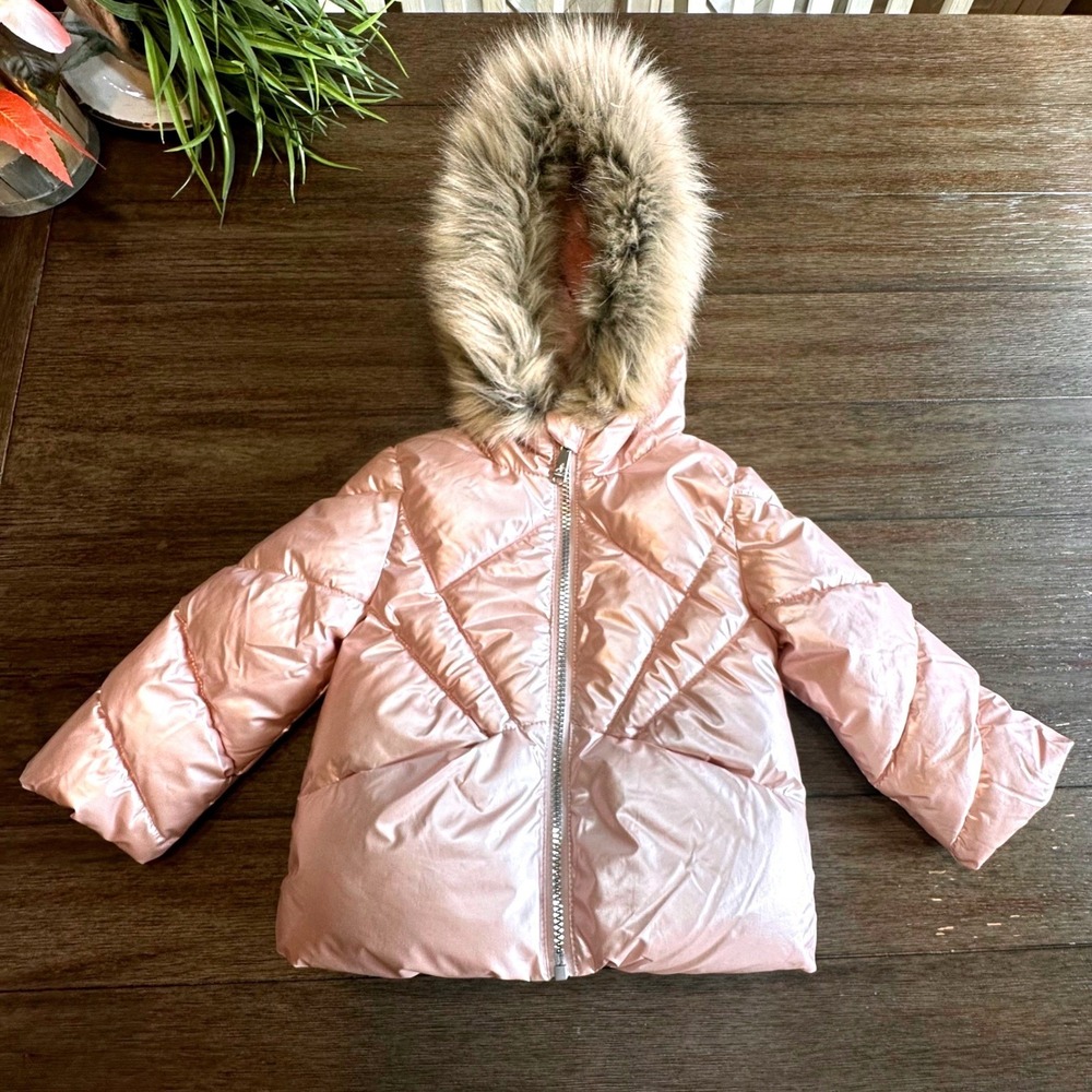 Sam Edelman Girls Pink Metallic Puffer Jacket Faux Fur Hood Size 2T‎
